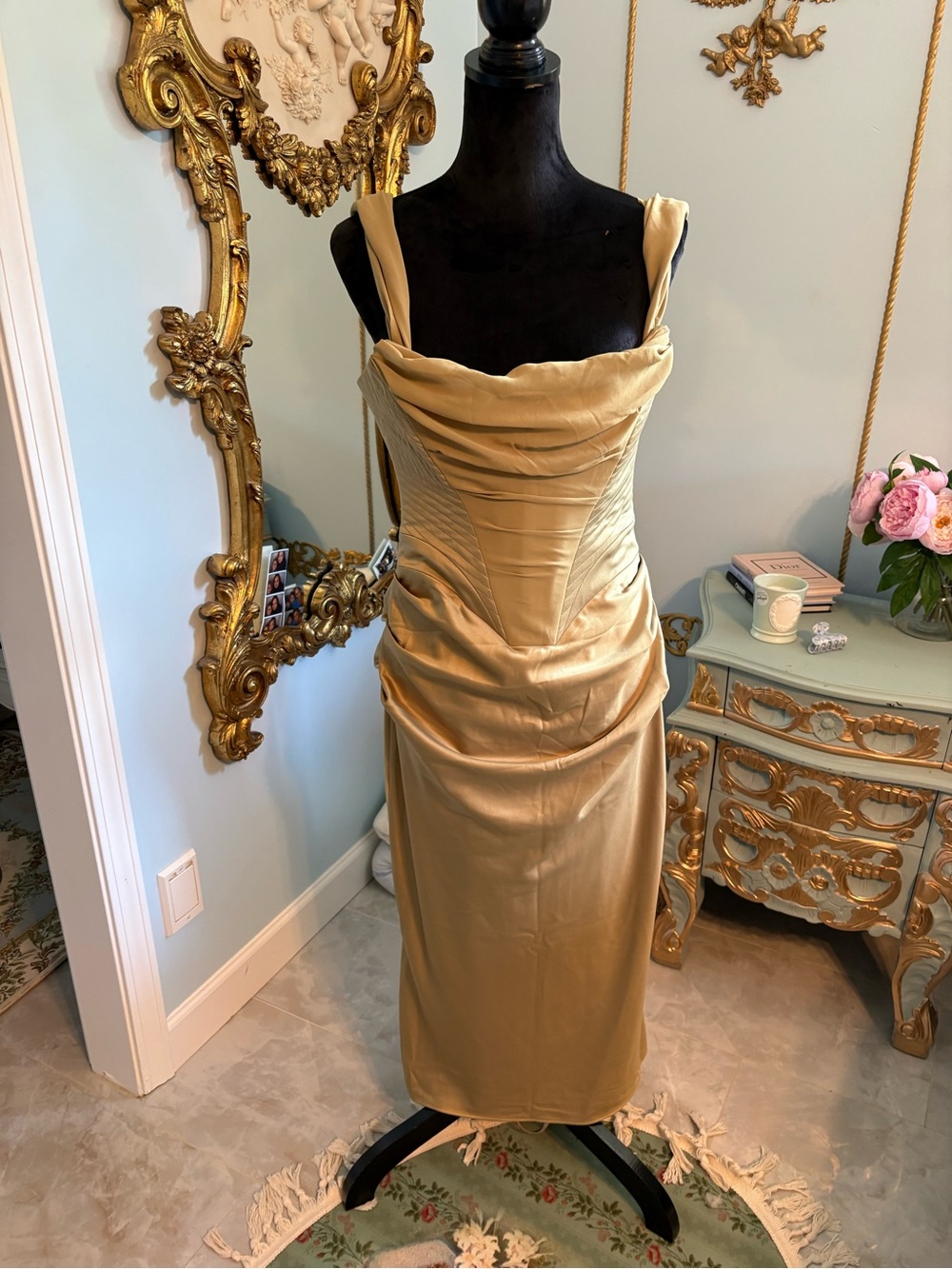 House of CB Gold Satin Cowl-Neck Midi Dress